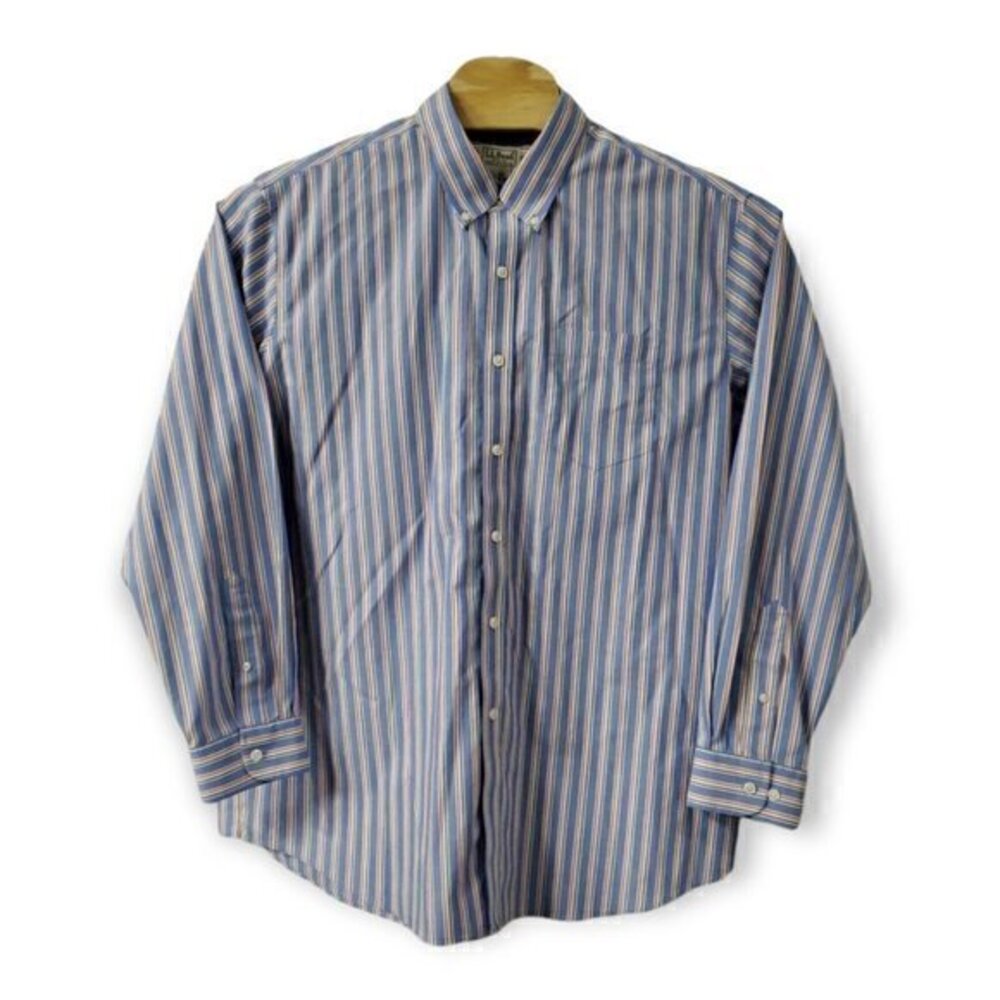 LL Bean Wrinkle Resistant Traditional Fit‎ Blue, White, Coral Striped LS XL-Reg